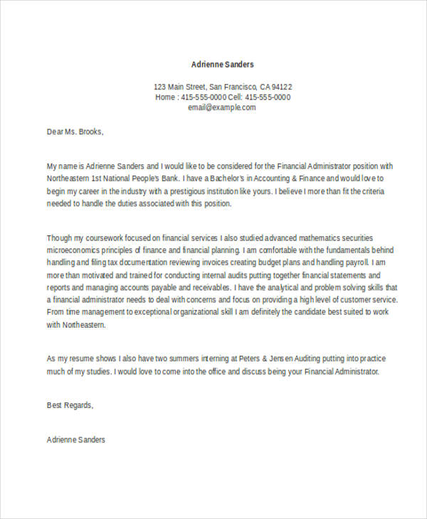 cover letter for finance department