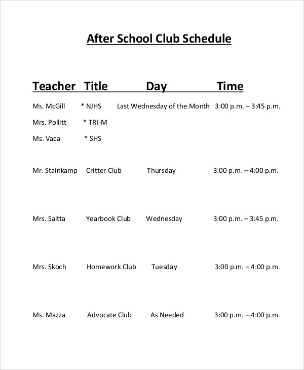 After-School Schedule Templates -12+ Free Samples, Examples Format Download