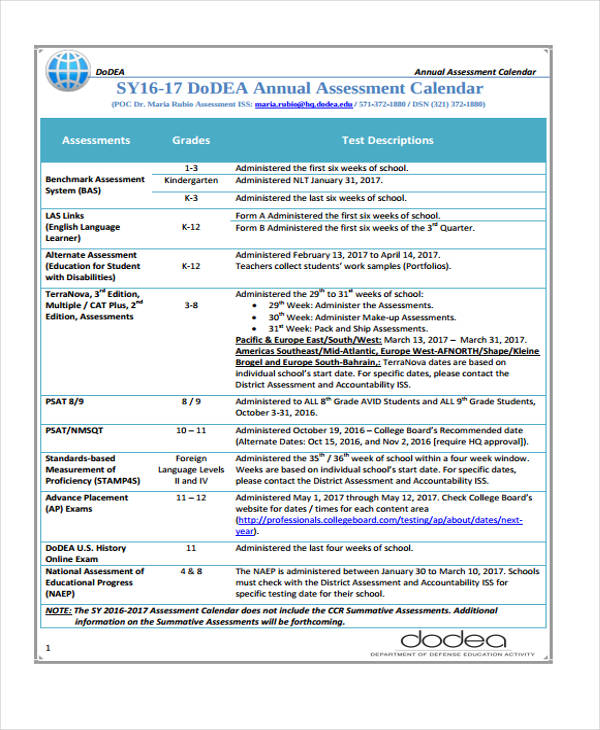 9+ Assessment Calendar Templates Sample, Example