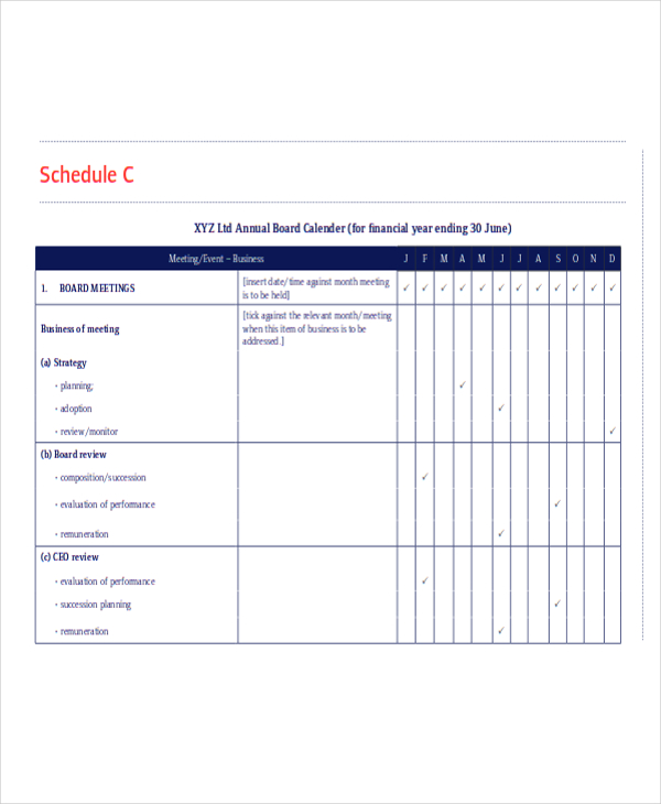 annual business planning calendar