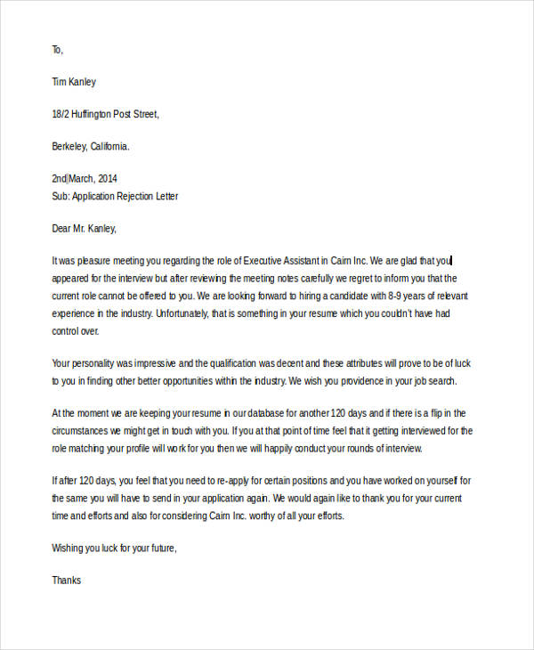 10+ Standard Rejection Letter - Sample, Example