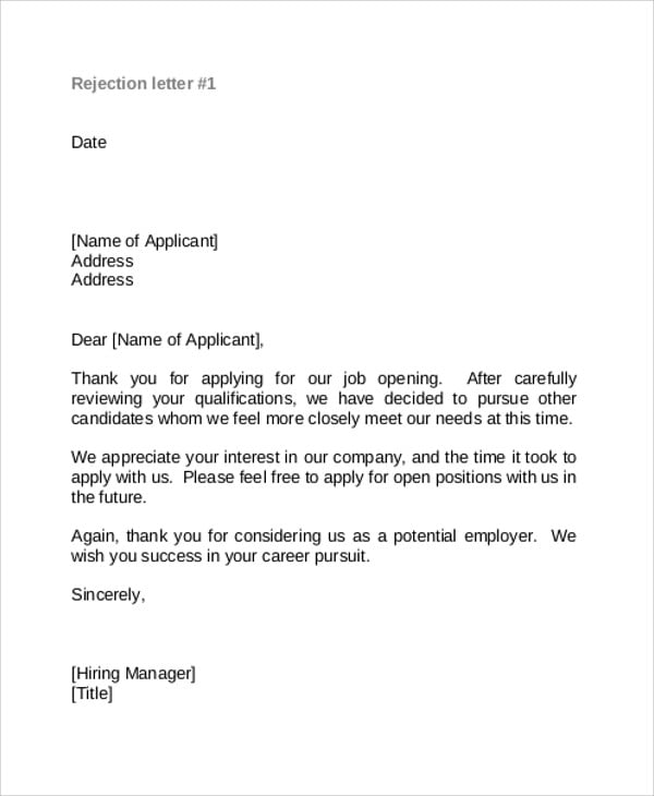 Employer job rejection letter thank you