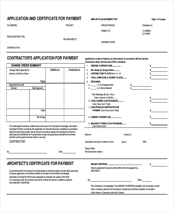 application for payment certificate