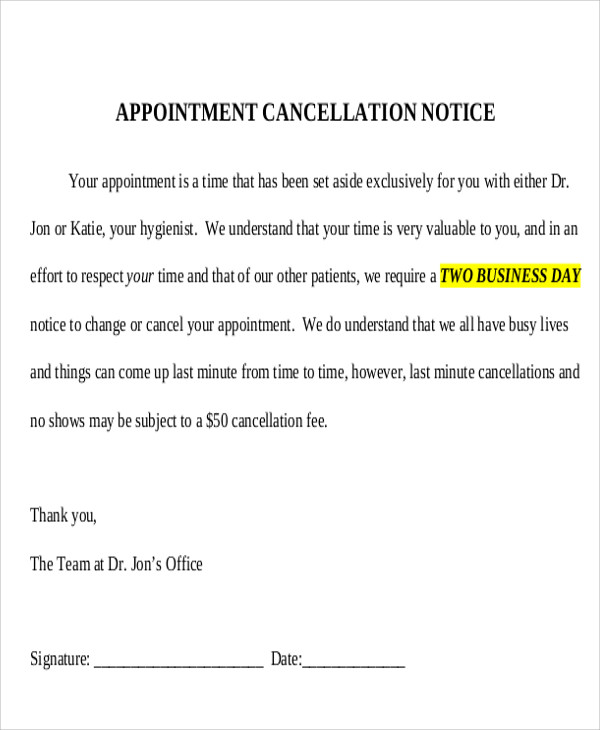 Appointment Cancellation Policy Template Master of Documents