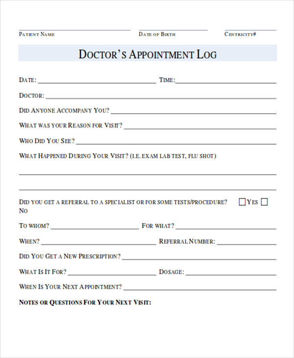 appointment log sheet
