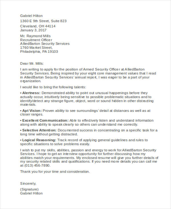 sample of security guard application letter