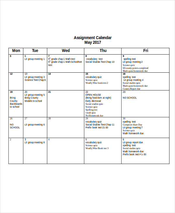 assignment calendar