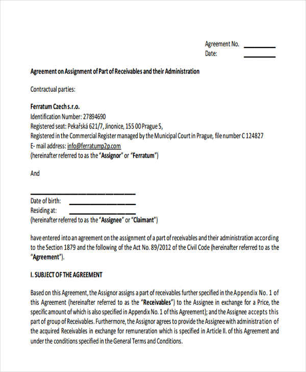 agreement for assignment of receivables