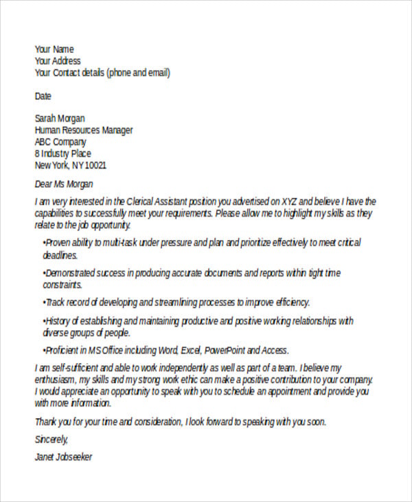 Clerical Cover Letter - 10+ Free Word, PDF Format Download