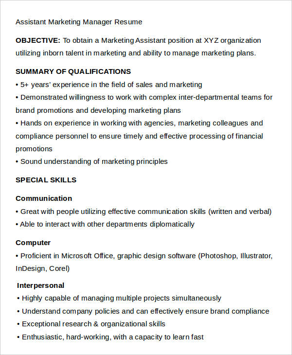 assistant marketing manager resume