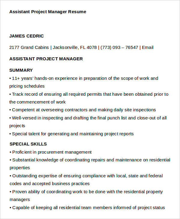 assistant project manager resume