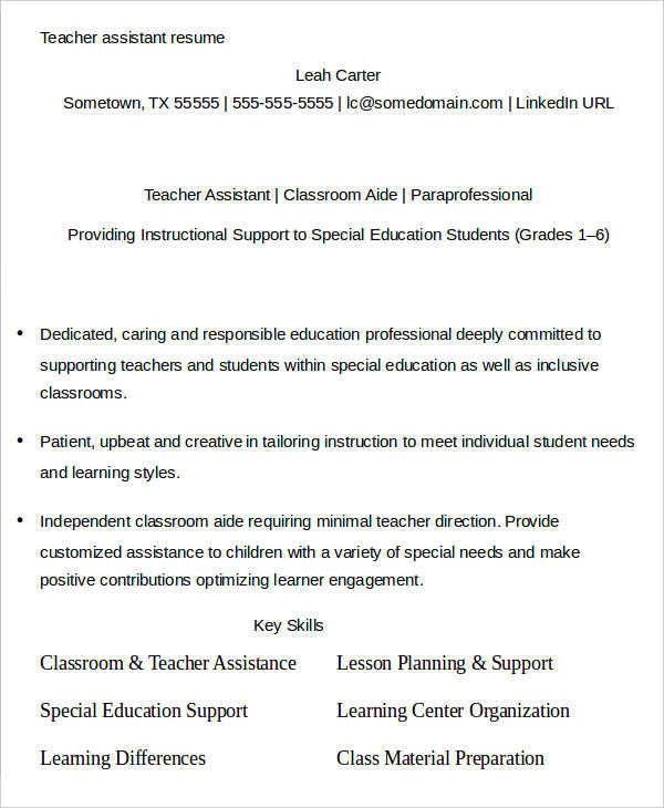 assistant teacher job resume