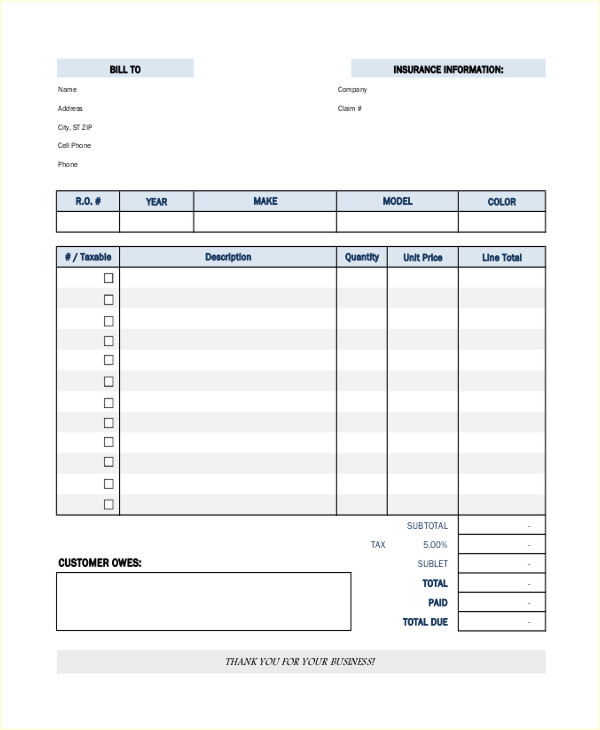 Repair Receipt Templates - Auto BoDy Repair Receipt Template