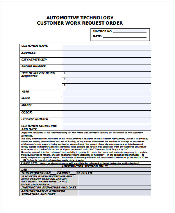 automotive work request order in pdf