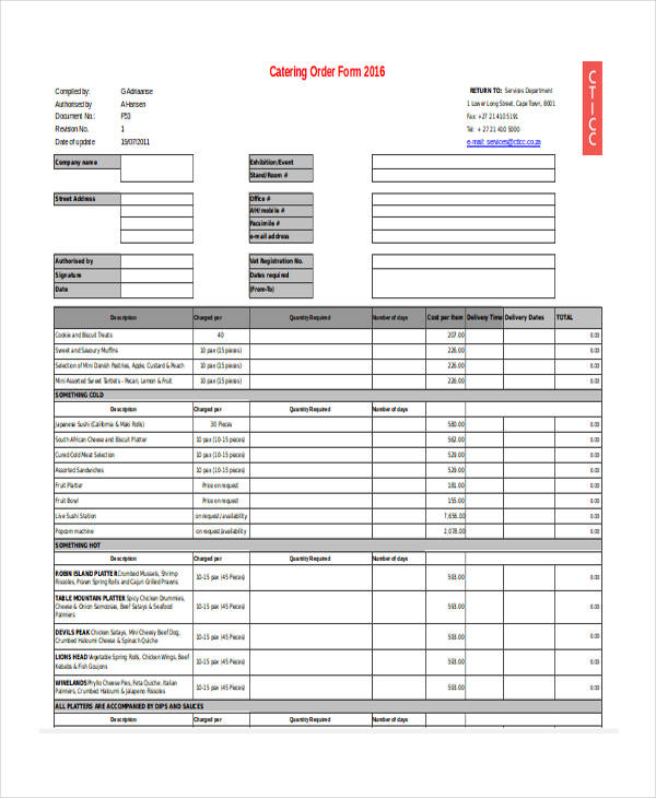 Catering Template Excel