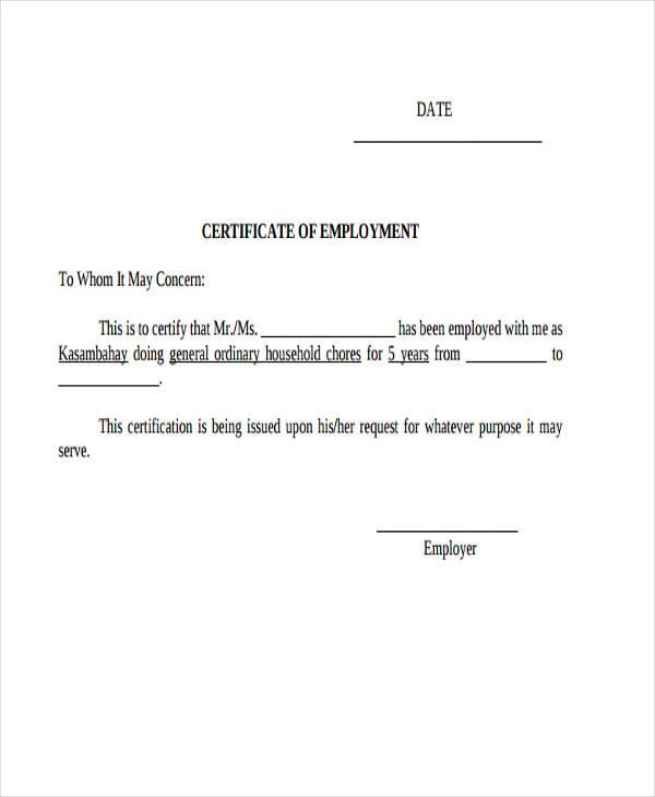 basic employment certificate format