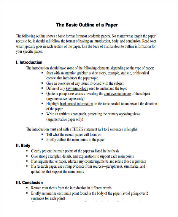 Outline for a paper format