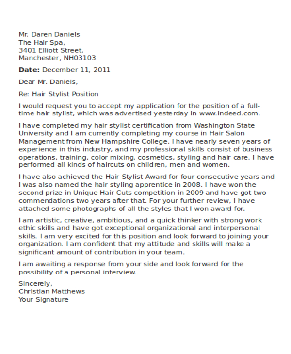 application letter for hairdressing apprenticeship