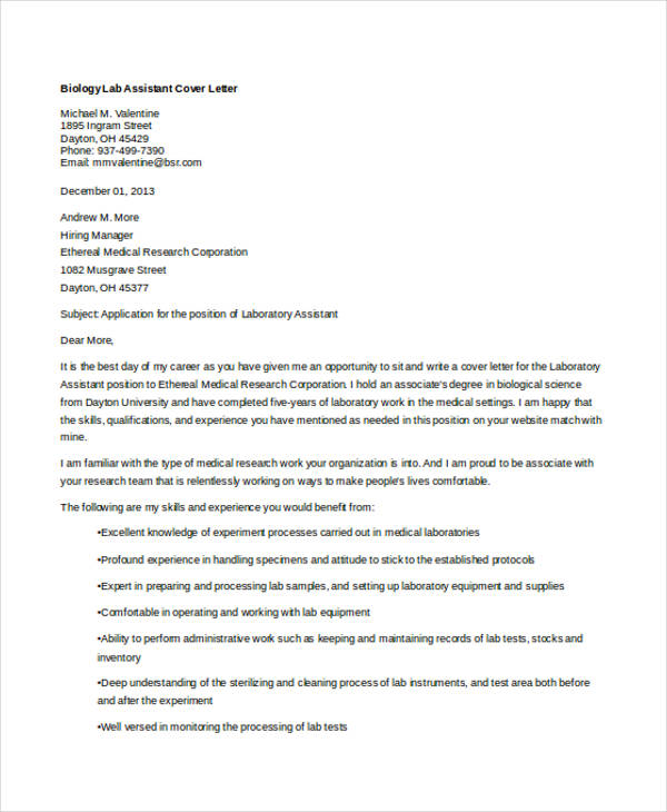 12 Sample Cover Letter For Lab Assistant Cover Letter Example Cover Letter Example