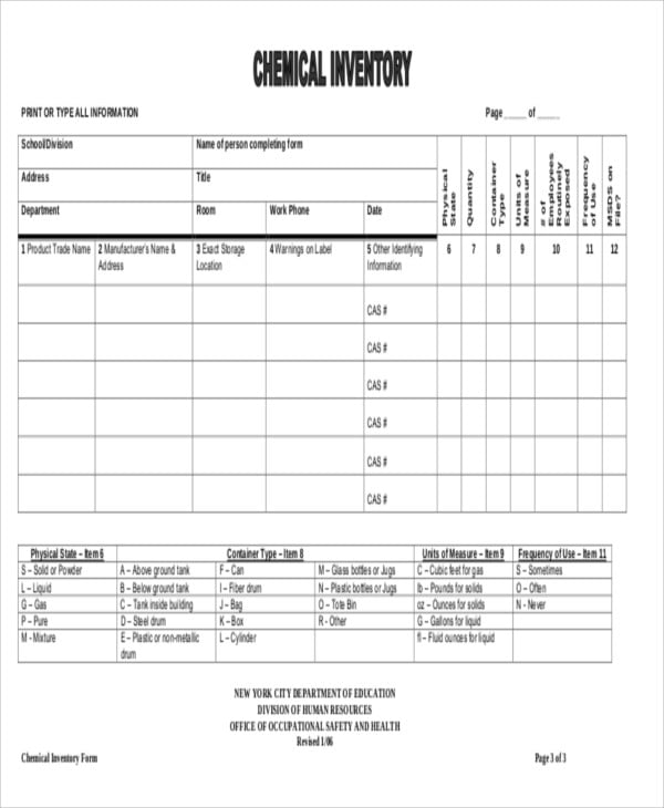 Blank Chemical Inventory List Form