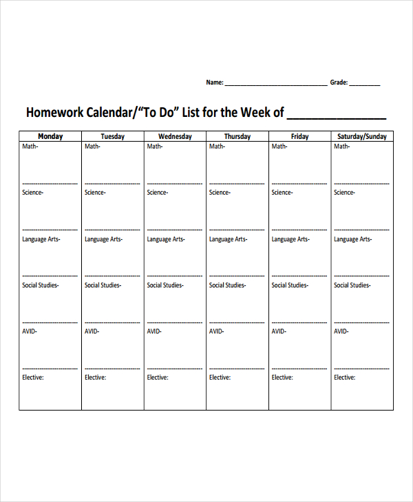7+ Homework Calendar Templates - Free Sample, Example Format Download