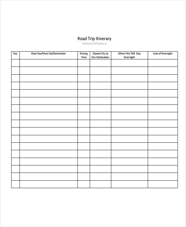 Blank Road Trip Itinerary Template