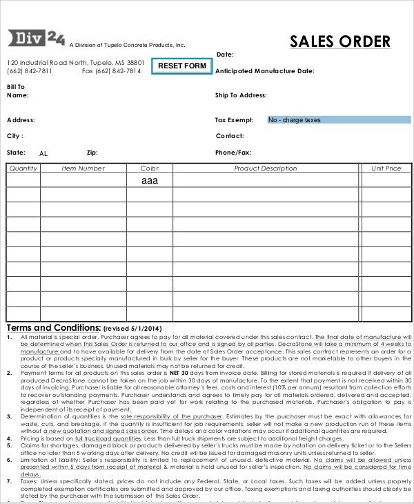 Printable Sales Order Form Template