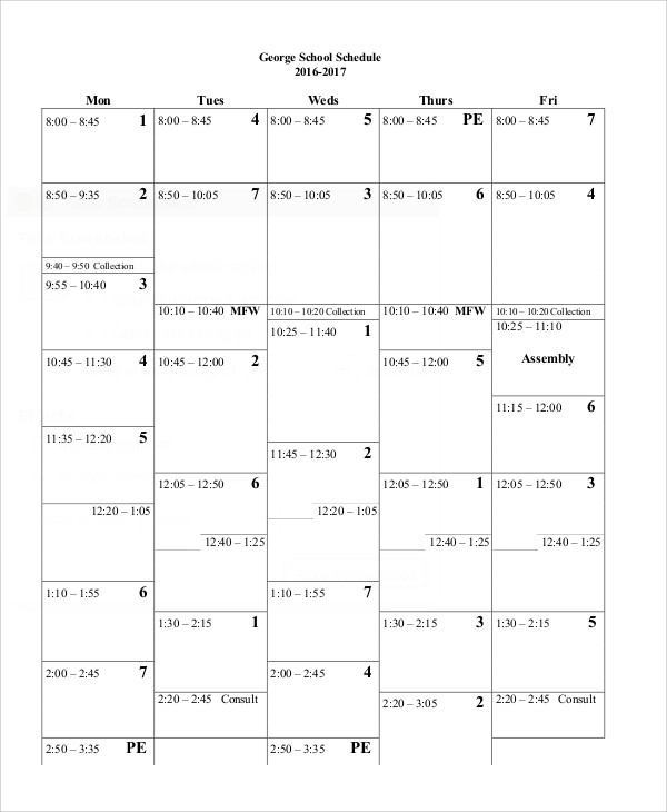 School Schedule Template -11+ Free Samples, Examples Format Download