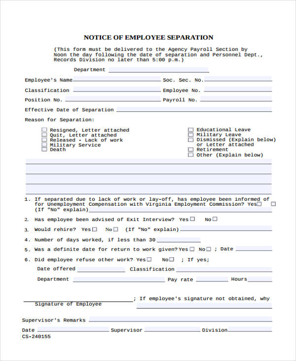 Printable Separation Notice Template