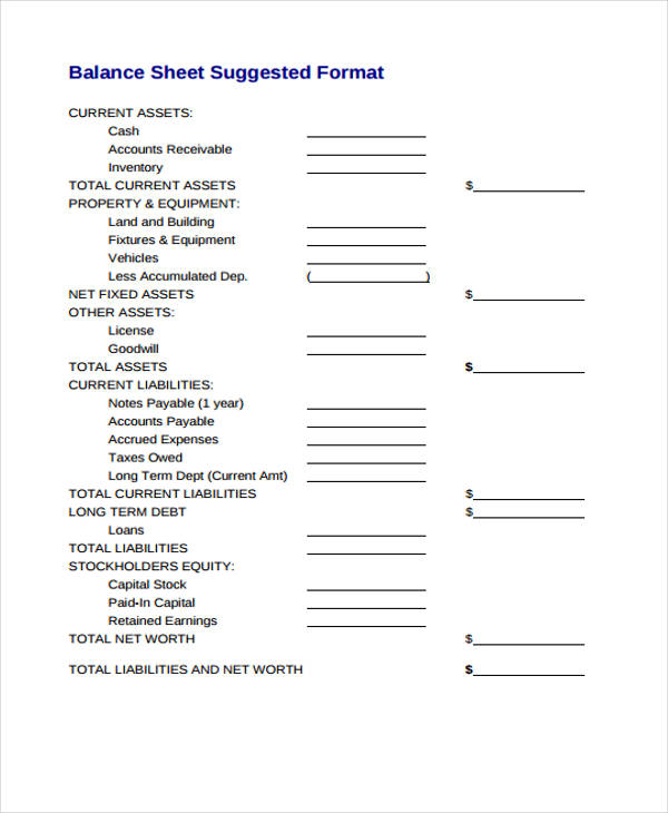 Blank Fillable Balance Sheet Template