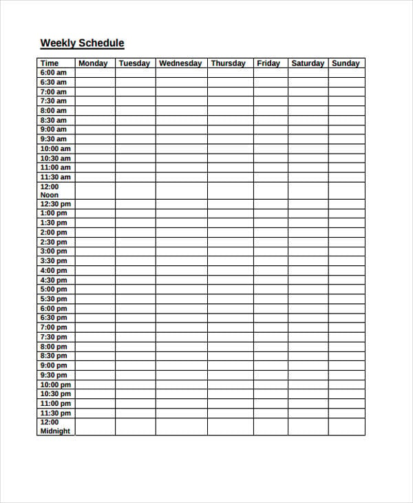 Blank Weekly Schedule Chart