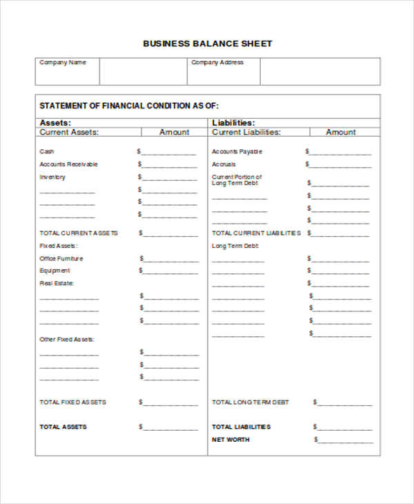 business balance sheet template