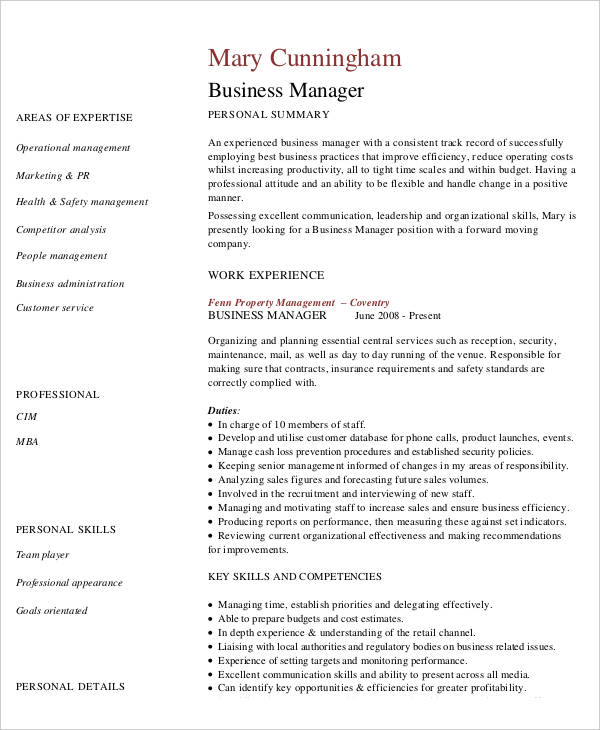 Business Curriculum Vitae Template 8 Free Word Pdf Documents