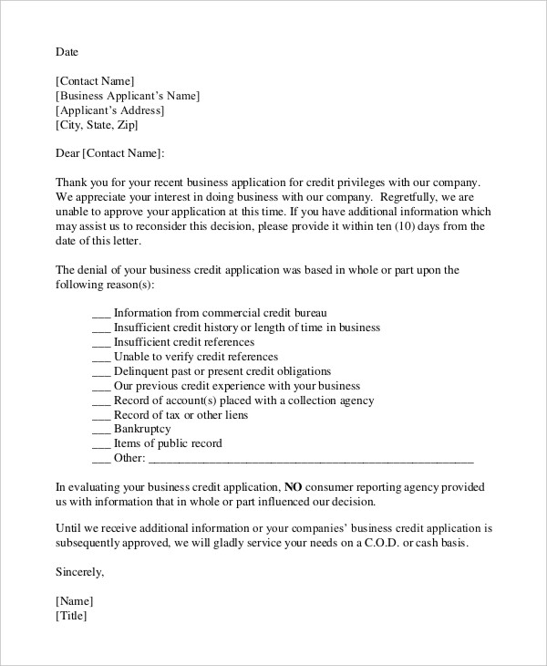 credit card application rejection letter