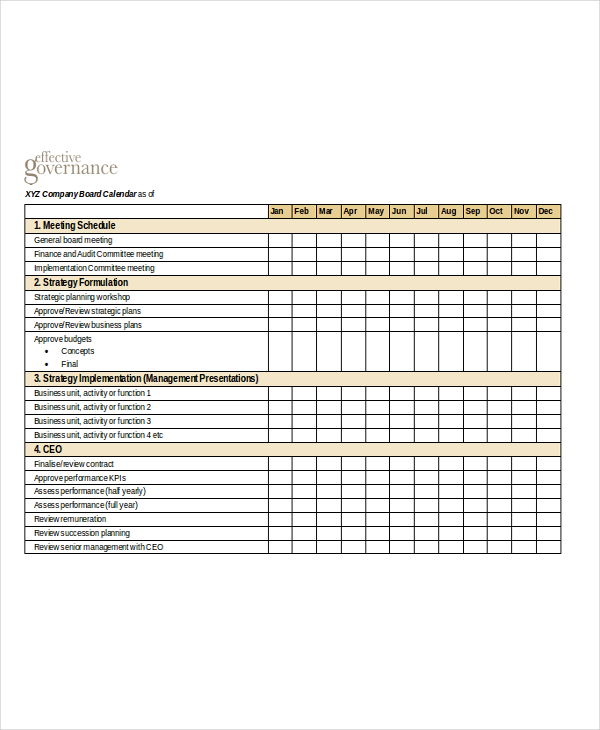 Governance Calendar Template Master Template