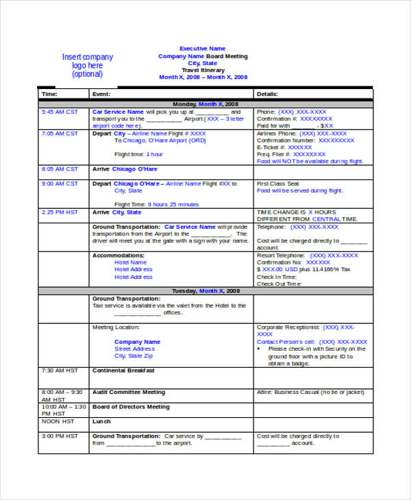 sample travel itinerary template for boss