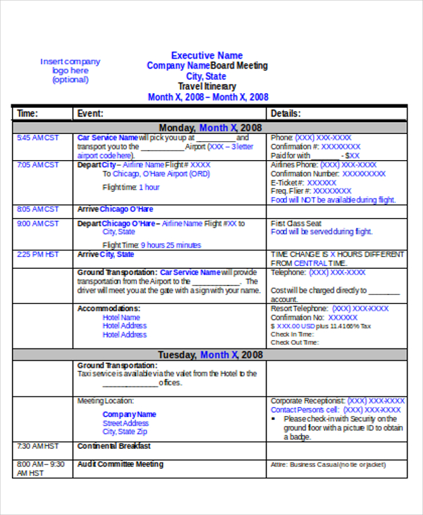 24+ Itinerary Format Templates