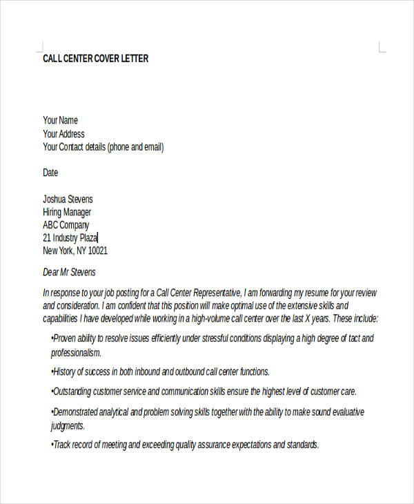 application letter for call center