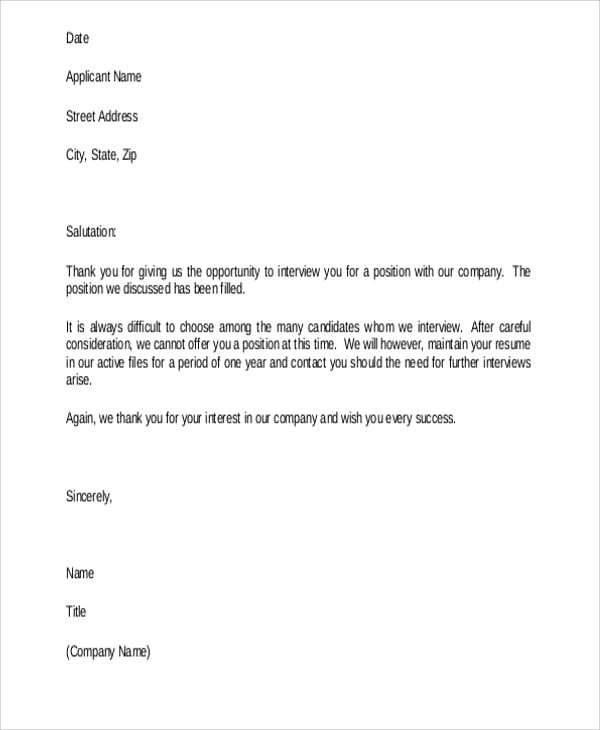 candidate job rejection letter