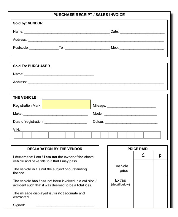 Car Purchase Receipt Template