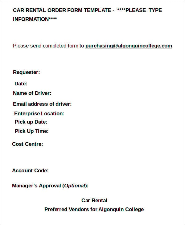 car rental order form