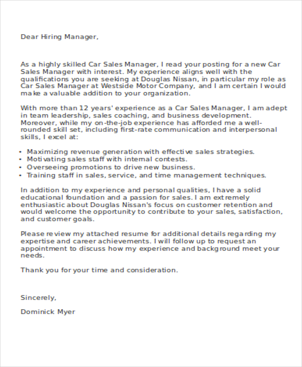 auto sales cover letter