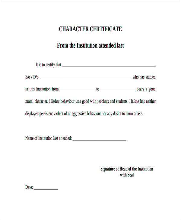 certificate for college character