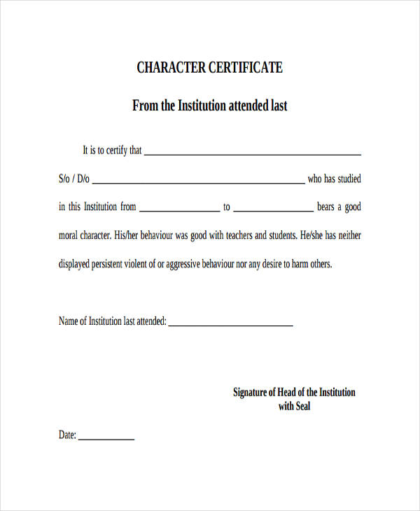 Certificate for College Character