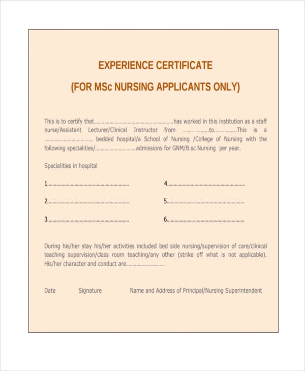 certificate for nursing experience