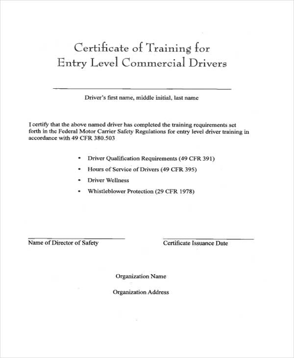 certificate for training example