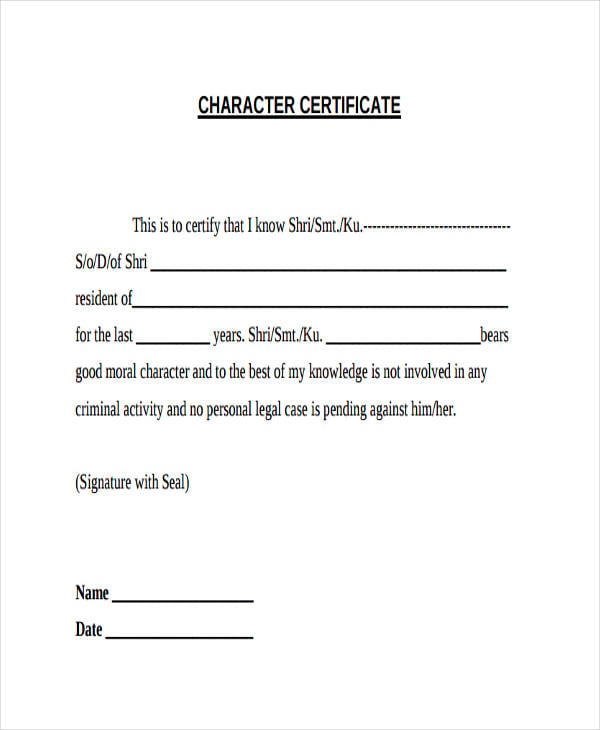 character certificate example