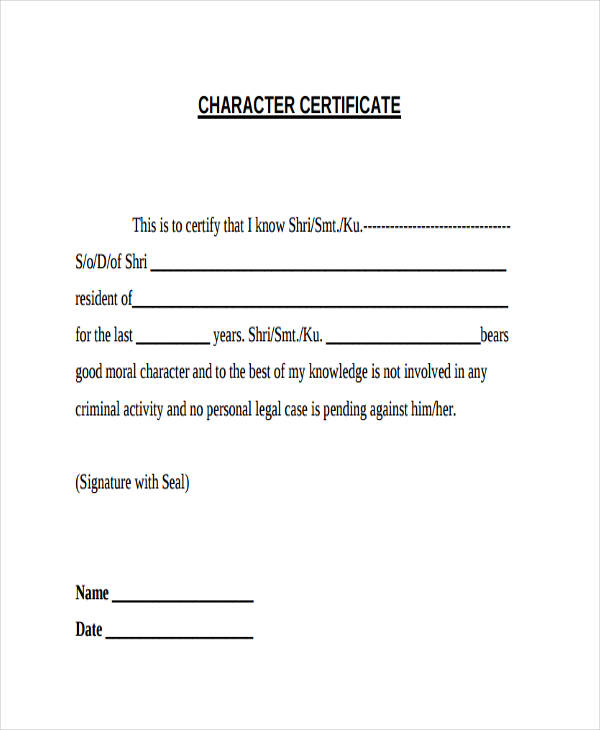 character certificate format through any gazetted officer