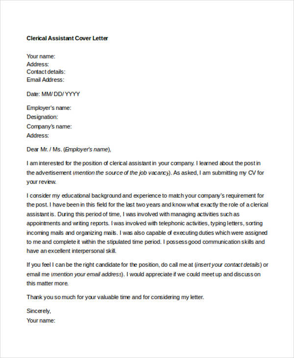 cover letter examples for clerical work