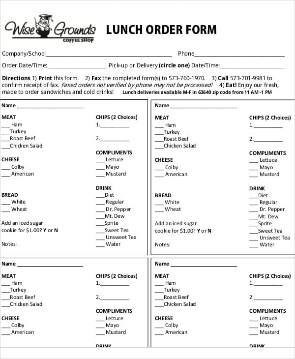 Printable Lunch Order Form Template Printable Templates